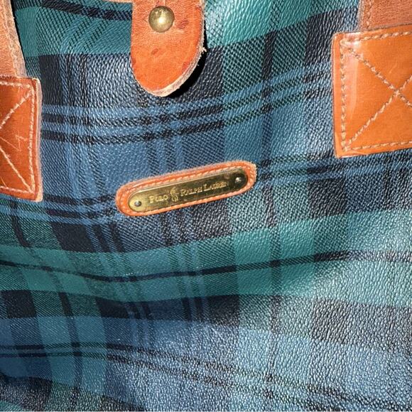 VINTAGE RALPH LAUREN Black Watch Waxed Leather Coated Canvas Overnight Bag - Picture 2 of 6